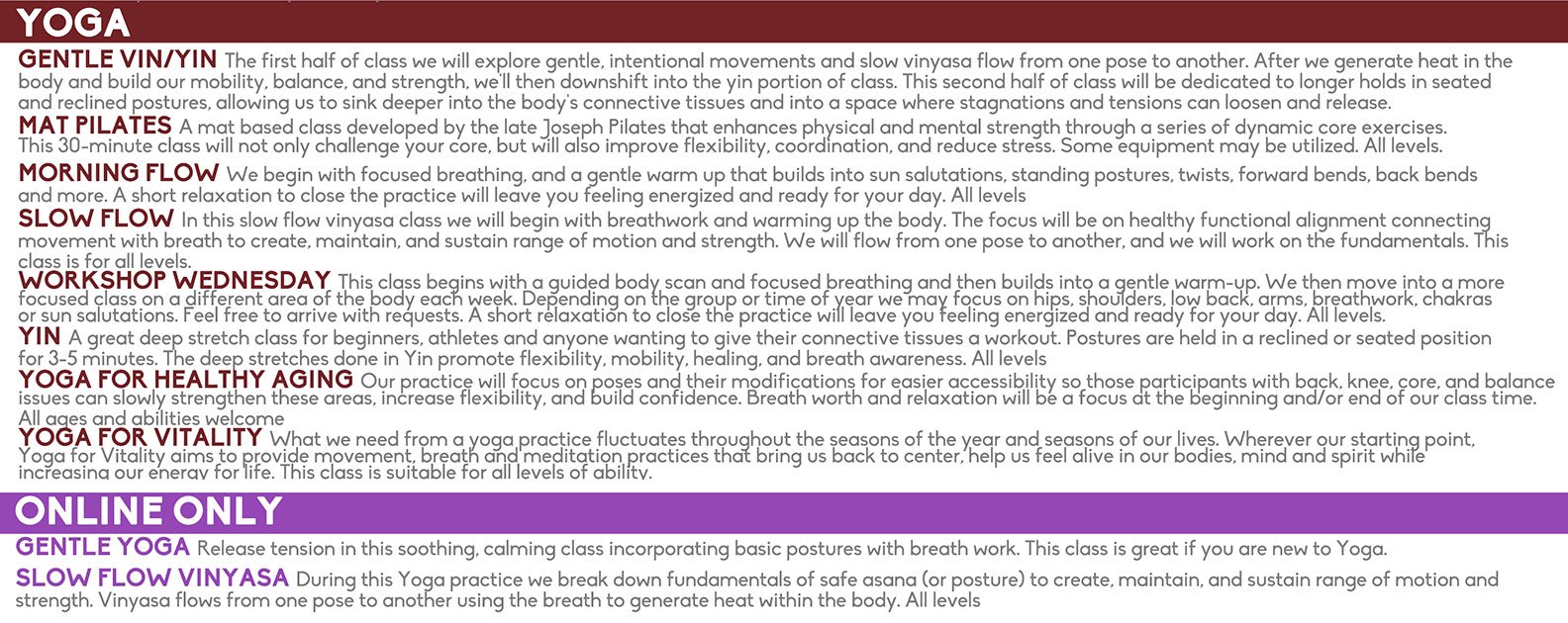 yoga class descriptions